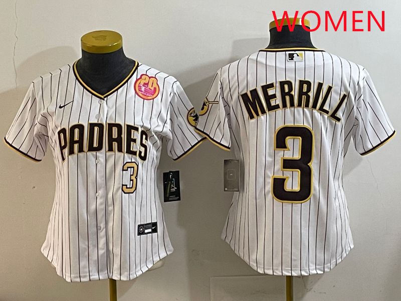 Women San Diego Padres 3 Merrill White Stripe Game 2025 Nike MLB Jersey style 3